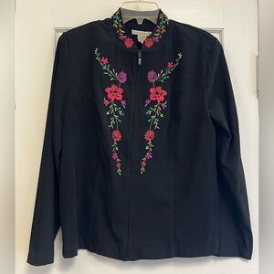 Notations zipper black jacket embroidered flowers size M